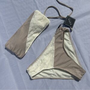 Zaful Lace Up Back Bandeau Bikini Woman’s Small Two Piece Beige Tan Boho Country